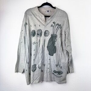 Vintage Relevant Products Golf All Over Print Henley Shirt Mens XL Gray Cotton